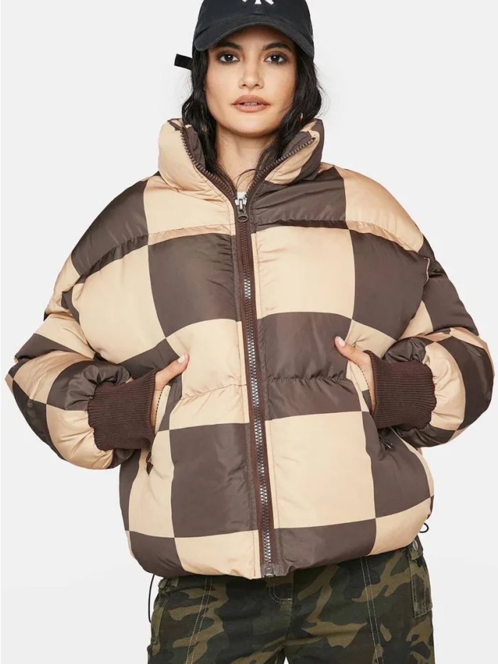 Edikted Checkerboard Puffer Jacket - Beige & Brown